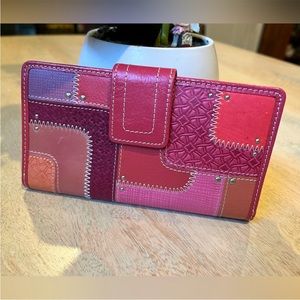 FOSSIL leather wallet, pink multi patchwork leather tab wallet